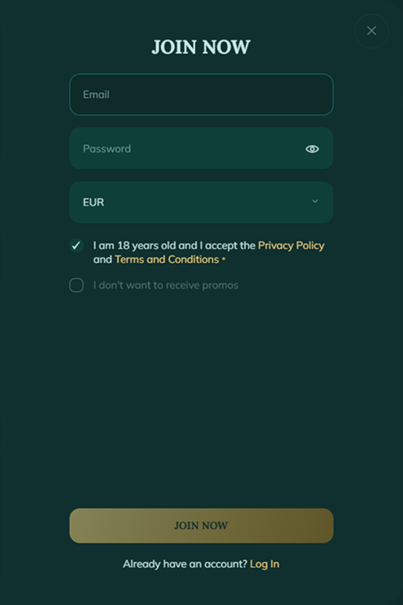 registration Royalen sign-up form, EUR currency, 18+