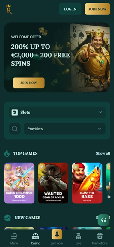 screen-1 Royalen mobile lobby, Top Games and filters