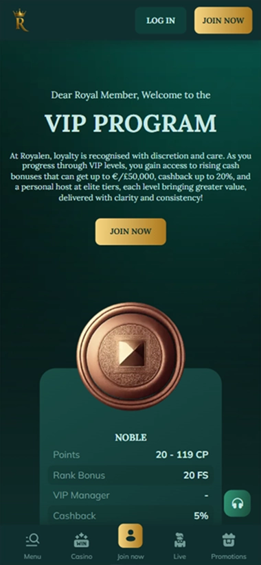 Royalen VIP Program Noble tier, 5% cashback